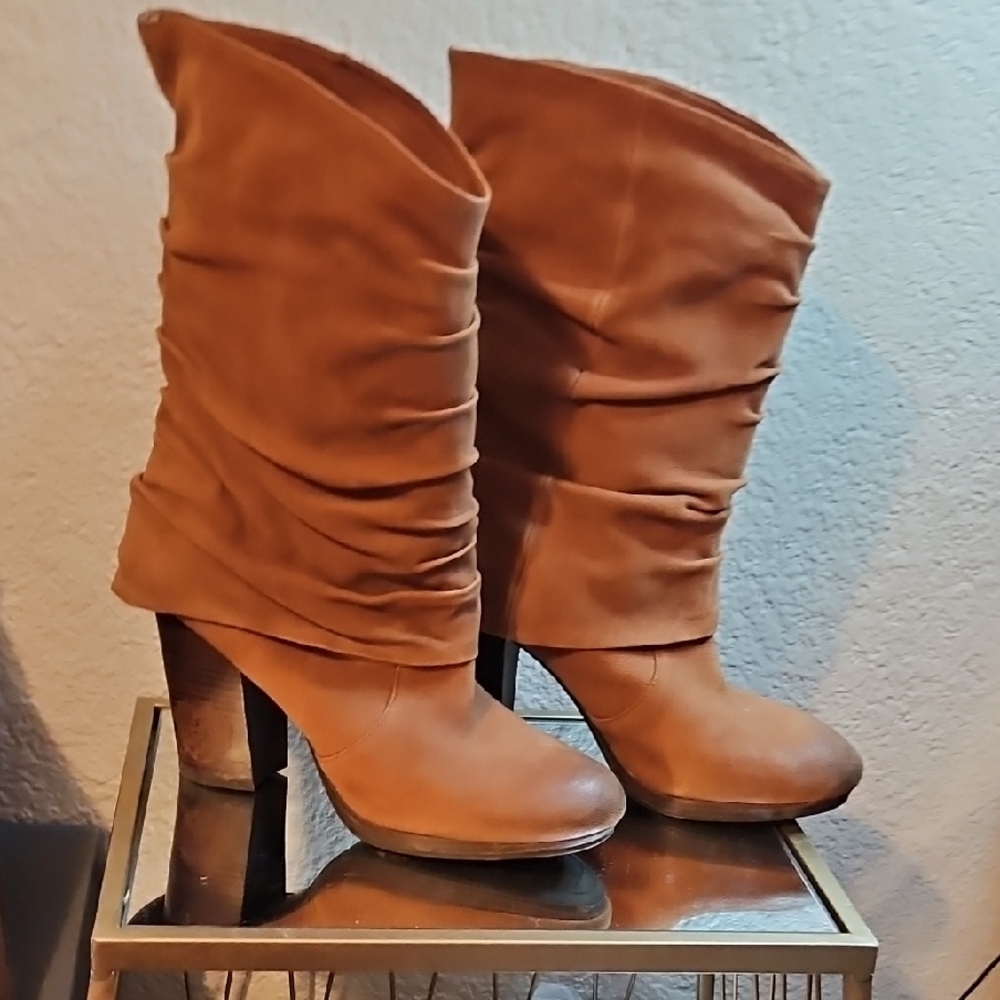 Vince Camuto Tan Heeled Boots with Slouchy Design Leather